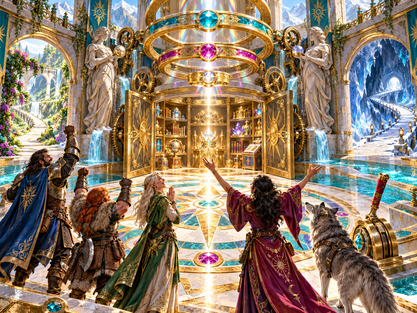 Illustration of adventurers celebrating beside an open sanctuary with books gems and discoveries