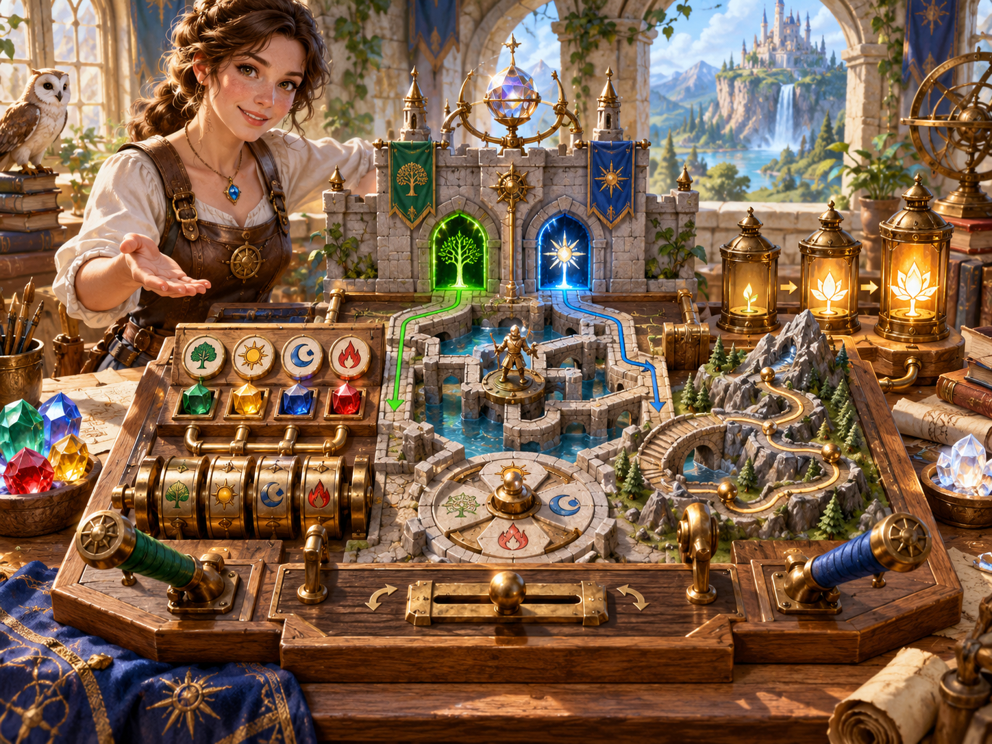 Illustration of a tabletop puzzle model with symbol wheels coloured gems paths gates and lanterns