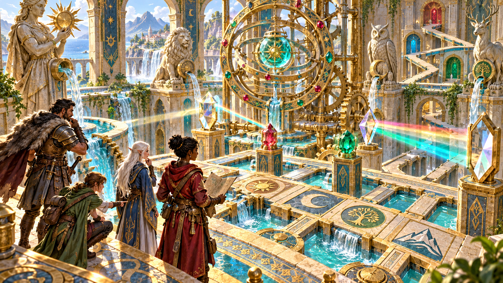 Illustration of adventurers studying symbol tiles crystals water channels and a sanctuary mechanism