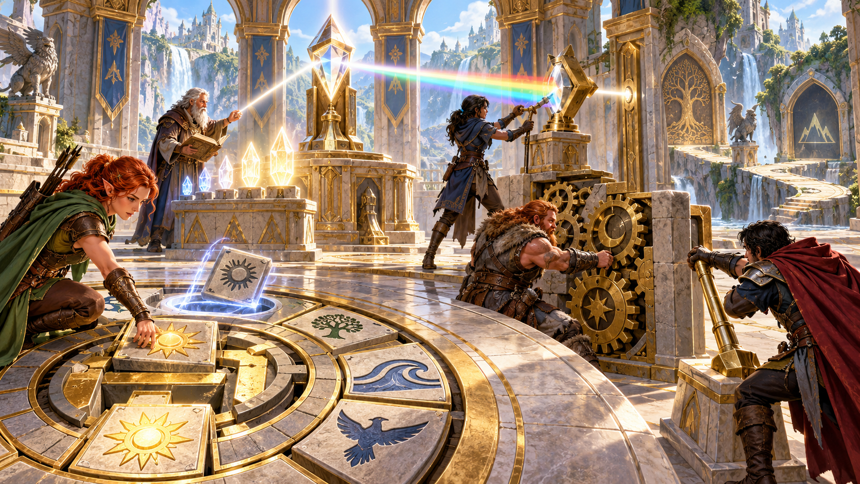Illustration of adventurers cooperating across symbol tiles a crystal mechanism and large gears